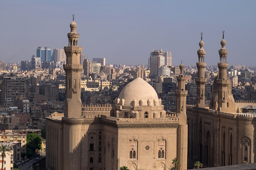 Cairo, Egypt - April 30, 2023: Mosque-Madrasa of Sultan Hassan seen from the Citadel