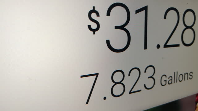 Gas station modern fuel meter counter price Close up of car refueling by increasing petrol costs. Wide shot footage