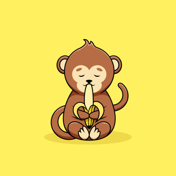 Cute monkey character eating banana. Vector cartoon. Cute monkey character eating banana. Vector cartoon. clip art of a monkey holding banana stock illustrations