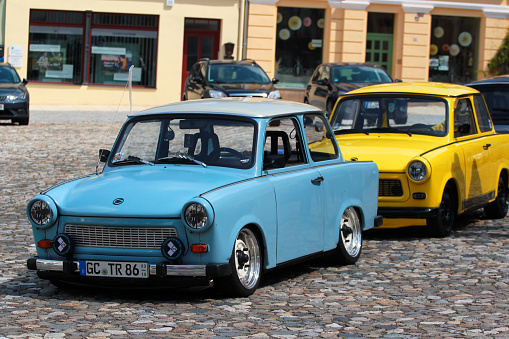 Glauchau, Germany - May 26, 2023: Old Trabant 601 cars produced in GDR, on Market Square of Glauchau.