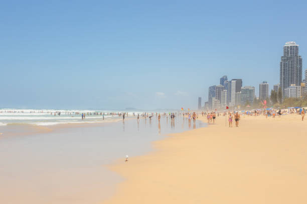 Surfers Paradise, Australia - January 4, 2023: Tourists and surfers enjoy leisure holiday time at beach vacation destination, Surfers Paradise, Queensland on a sunny summer day.