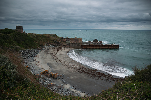 Breakwater of Saint Malo on the beach in Brittany to protect the city from the waves
