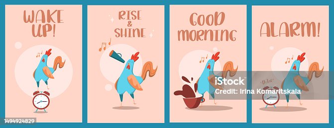istock Set of illustrations with a rooster, a cup and an alarm clock. A concept for postcards and banners with the text good morning 1494924829