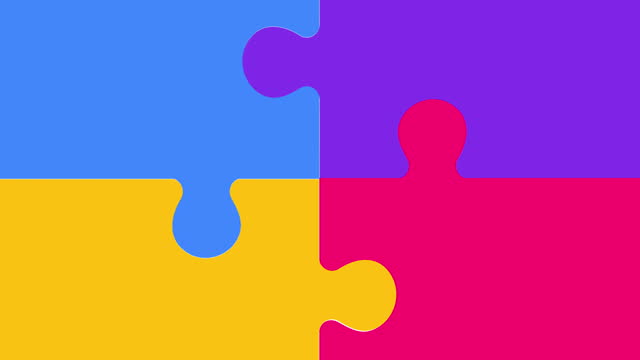 Simple puzzle animation on white background. the four pieces of the puzzle come together and then diverge
