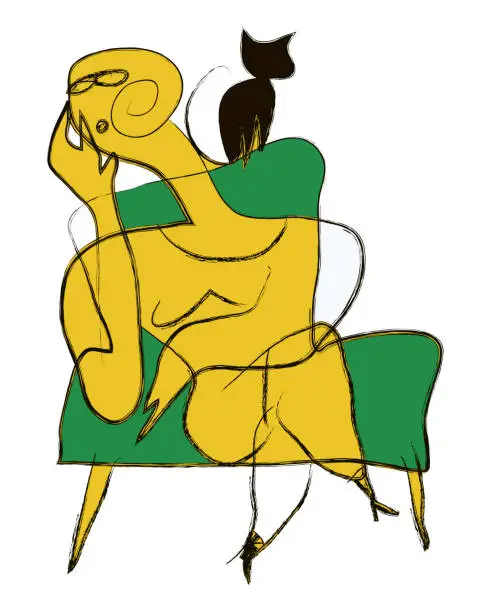 Vector illustration of woman and cat on sofa