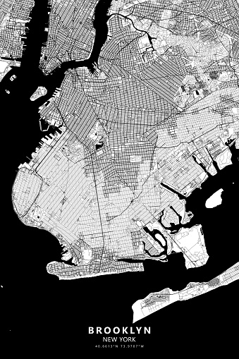 Poster Style Topographic / Road map of Brooklyn, NYC. Map data is public domain via census.gov. All maps are layered and easy to edit. Roads are editable stroke.