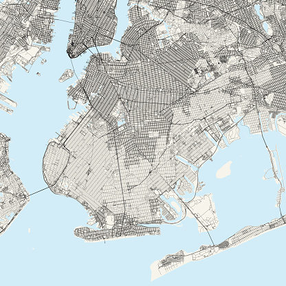 Topographic / Road map of Brooklyn, NYC. Map data is public domain via census.gov. All maps are layered and easy to edit. Roads are editable stroke.