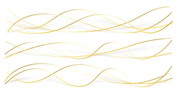 Vector illustration of 3d wavy gold lines swoosh on white background. Luxury beauty thin curves, swirl as stream flow pattern. Soft geometric shapes as silk fiber or fablic shiny decoration.