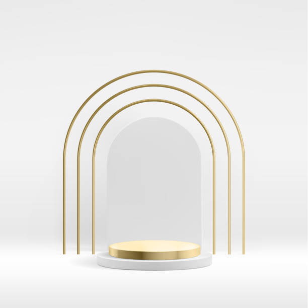 istock Metallic product podium background with tripple golden and white arch. Premium abstract vector presentation template. 1494929743