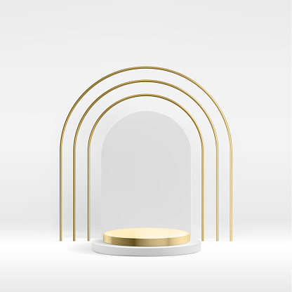 Metallic product podium background with tripple golden and white arch. Premium abstract vector presentation template