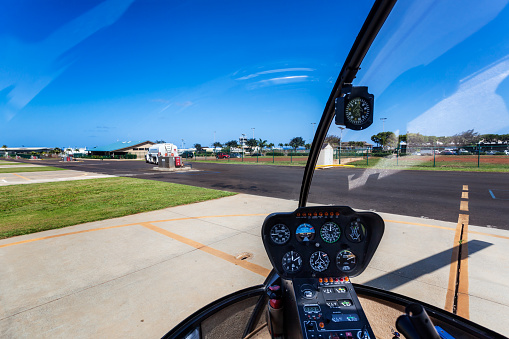 Helicopter cockpit at Lihue airport, Kauai
