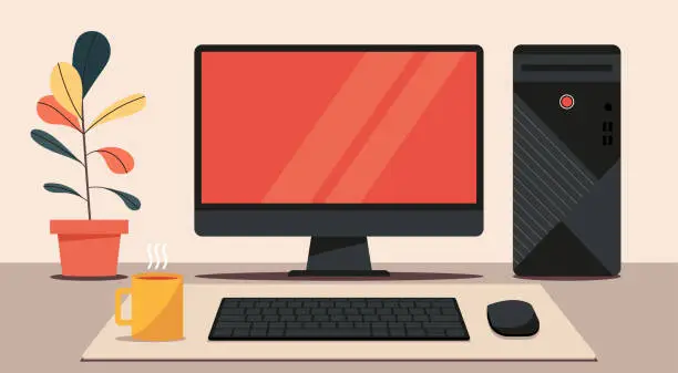 Vector illustration of workspace concept with blank screen desktop computer on desk