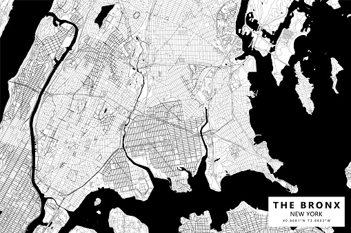Poster Style Topographic / Road map of The Bronx, NYC. Map data is public domain via census.gov. All maps are layered and easy to edit. Roads are editable stroke.