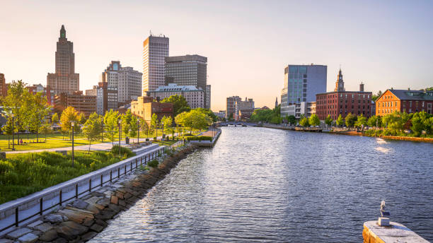 istock Providence downtown skyline and buildings at sunset over Providence River Walk, Rhode Island, a beautiful modern city with natural parks and open space 1494935108