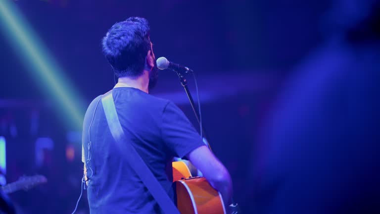 Musicians singing and playing guitar on stage show