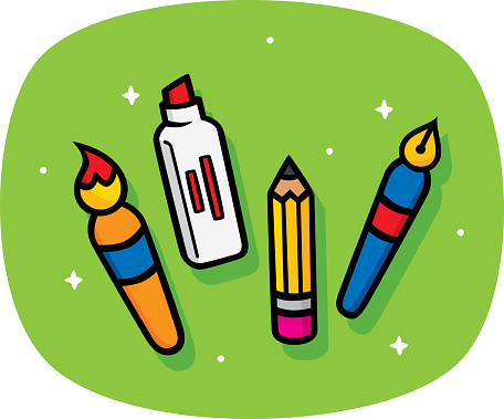 Vector illustration of hand drawn art supplies against a green background.