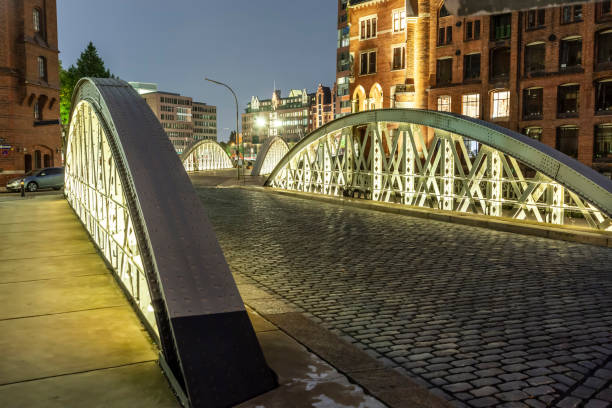 Speicherstadt in Hamburg by night with cobble stone and iron bridge