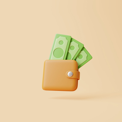 Brown wallet icon with green dollar banknotes on pastel beige background. 3d rendering illustration