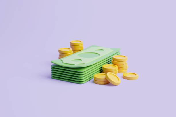 istock Bundle of money with gold coins on purple background 1494939802