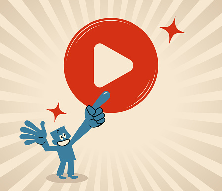 istock A smiling blue man pushing a big Play button 1494941097
