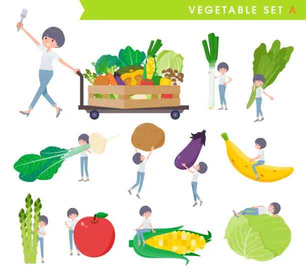 Vector illustration of Set of t-shirt mush hair woman and vegetables