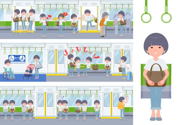 Vector illustration of Set of t-shirt mush hair woman on the train