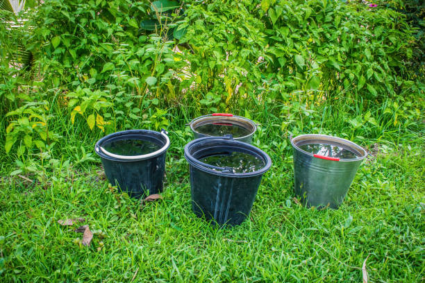 A black bucket sits in the green grass in the park