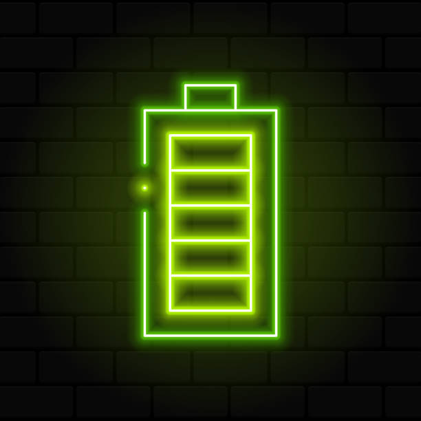 istock Glowing neon battery icon. Battery charging power sign. Electricity symbol. Glowing neon. Vector illustration 1494950344