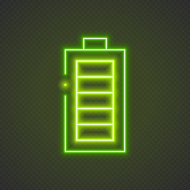 istock Glowing neon battery icon. Battery charging power sign. Electricity symbol. Glowing neon. Vector illustration 1494950375