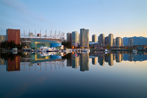 Sunrise False Creek view of downtown Vancouver. British Columbia, Canada. April 16, 2020.