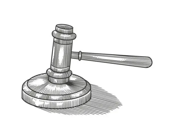 Vector illustration of Gavel for justice. Vintage Engraving drawing style. Vector Illustration