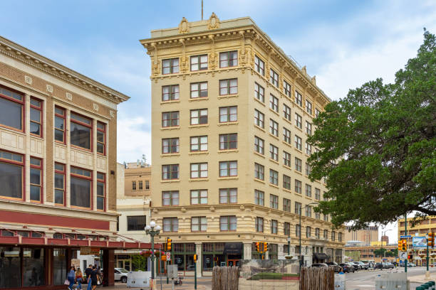 San Antonio, Texas, USA – May 7, 2023: Street view of the Hotel Gibbs in Downtown San Antonio, Texas.