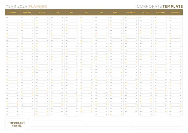 Vector illustration of One Page Planner Template for 2024 Year. Wall Calendar Planner in a Business Modern Style. Vector, Editable and Printable.