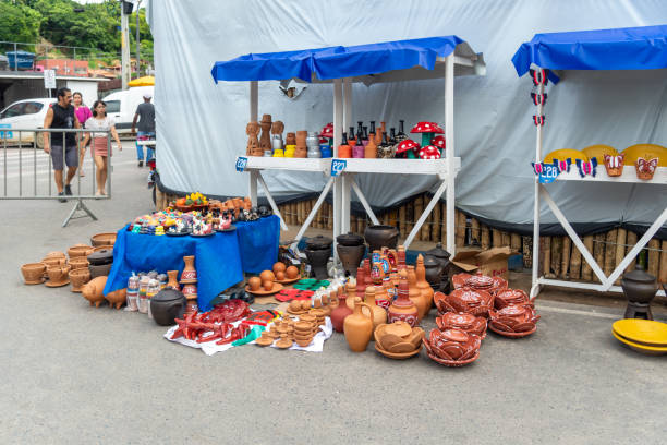 Nazare, Bahia, Brazil - April 08, 2023: Ceramic pieces are on display for sale during the traditional Caxixis fair in the city of Nazare das Farinas, Bahia.