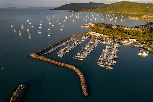 Aerial images showing Coral Sea Marina in Airlie Beach, QLD, Australia.