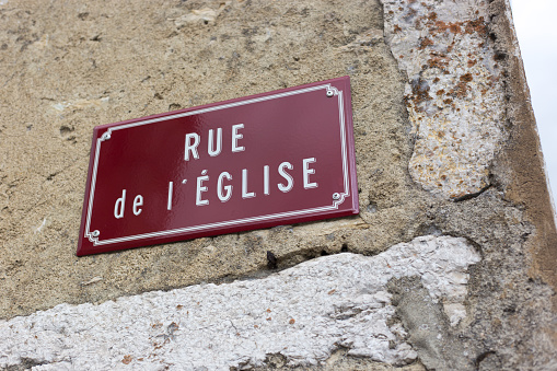 France: Retro Street Sign in France: Rue de l'Eglise. Shot in the Vercors.