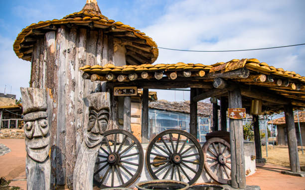 Korean traditional wooden wheel Naju Image Theme Park during tour in Naju city, South Korea, on  Sunday January 28, 2018