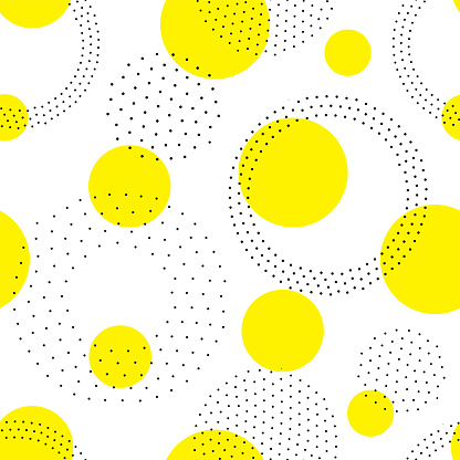 Vector geometric seamless pattern. Universal Repeating abstract circles figure in black white yellow. Modern halftone circle design, pointillism