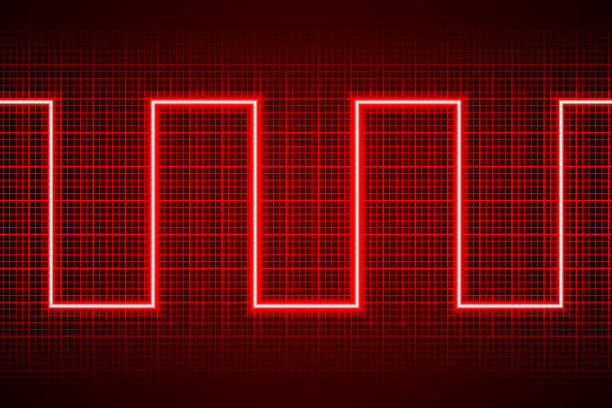 어두운 오실로스코프 디지털 스크린에 있는 추상적인 네온 레드 파선 패턴 - oscillogram stock illustrations