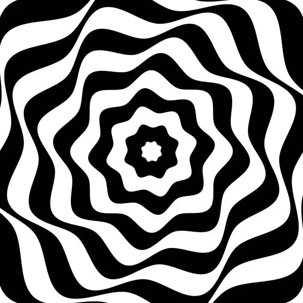 Vector illustration of Black and white rotating flower shapes. Bloom pattern with vortex effect. Ortical illusion with floral theme. Twisty dynamic texture