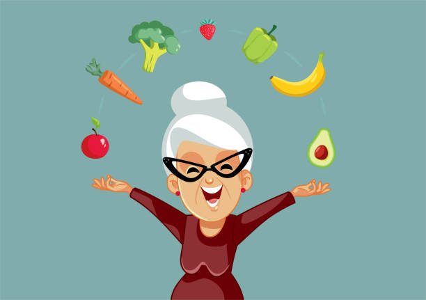 Senior Woman Eating a Healthy Diet and Lifestyle Vector Cartoon Illustration Elderly lady balancing a healthy lifestyle with nutritious food mature woman healthy eating stock illustrations