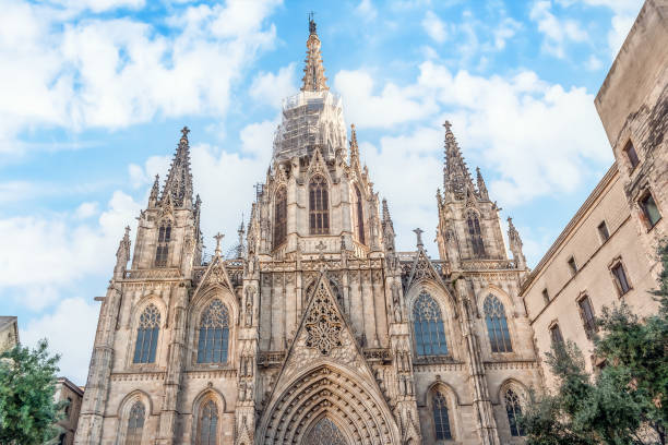 Gothic facade of Barcelona Cathedral close up, Spain