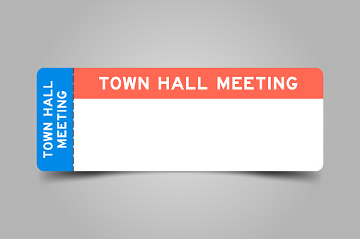 Blue and orange color ticket with word town hall meeting and white copy space