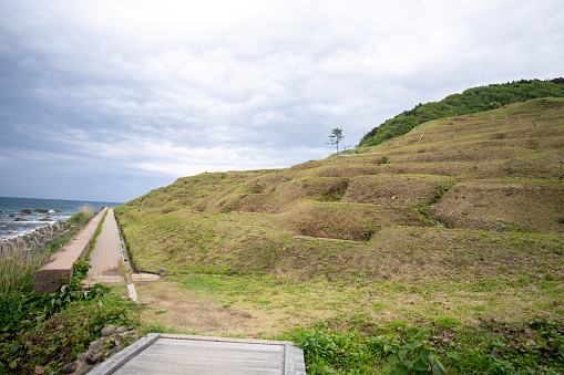 Scenic view of Shirayone Senmaida in Wajima City, Ishikawa Prefecture, Japan. Rice fields in Japan.