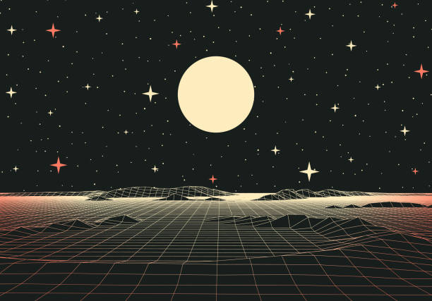retro futuristic landscape with mountains and sun in deep space. 80s styled synthwve landscape with sunrise over alien planet. - space stock illustrations