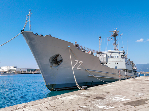 Rijeka, Croatia - May 21, 2023: Croatian military ship tied up in Rijeka harbor