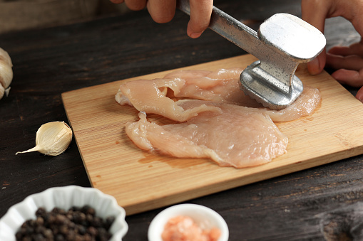 Cooking Breast Chicken Meat, Beat Chicken using Meat Tenderizer. COoking Process in The Kitchen
