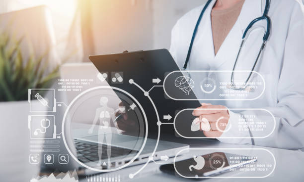 Doctor or nurse in uniform with stethoscope writing something information of patient prescription medical in paperwork Doctor or nurse in uniform with stethoscope writing something information of patient prescription medical in paperwork checklist on clipboard on front laptop computer, medication history record remote location stock pictures, royalty-free photos & images