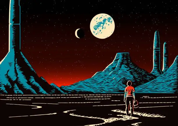 Vector illustration of Landscape with human looking at horizon with mountains, sci-fi scene on far plane with moonst. Retro futuristic landscape in 80s atomic era style.