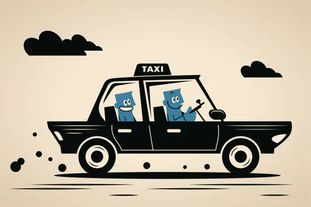 Vector illustration of A smiling blue man driving a taxi and carrying a passenger